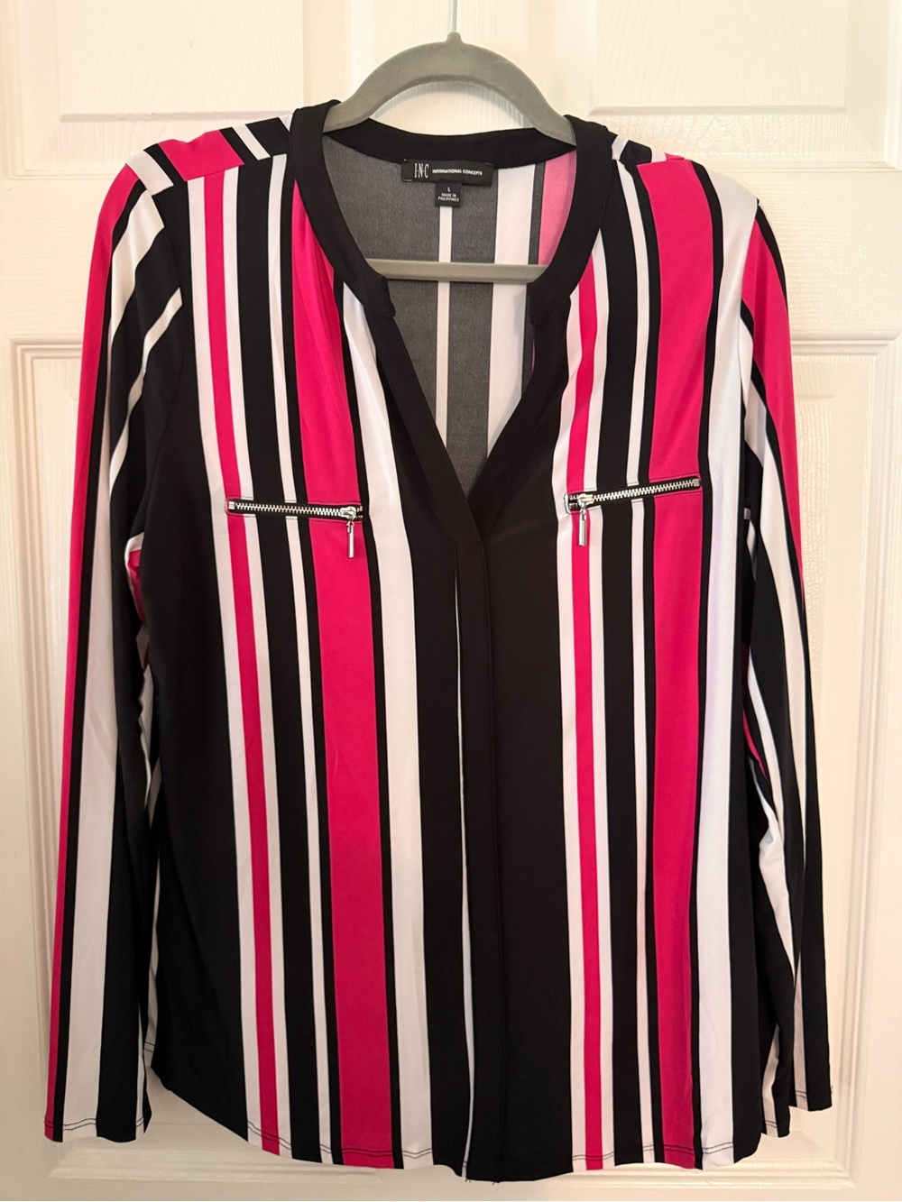 INC International Concepts Pink Black White Striped Zip-Pocket Blouse NWT